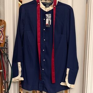 NWT Navy and Red silky Pearl Button Down Shirt with red silky tie ruffle cuffs